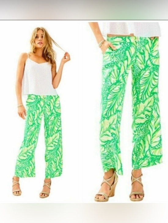Lilly Pulitzer Pants - Lilly Pulitzer Lela Wide Leg Cropped Pants Toucan Green Coca Loca Preppy Resort
